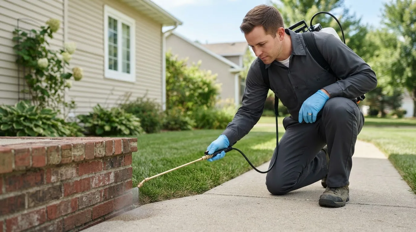 Pest control technician treating a home near Correctionville, IA