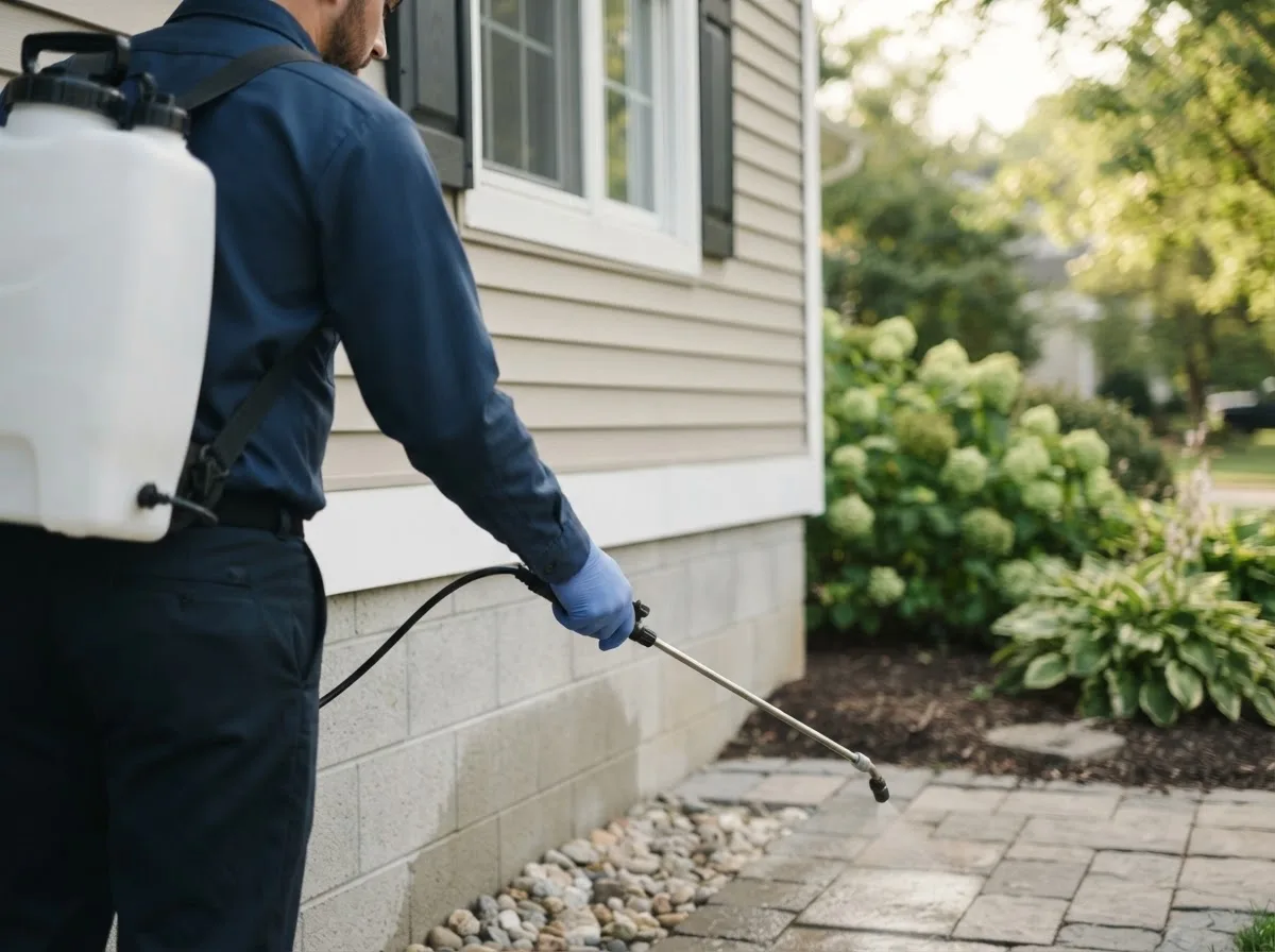 Pest control technician inspecting a home in Correctionville, IA